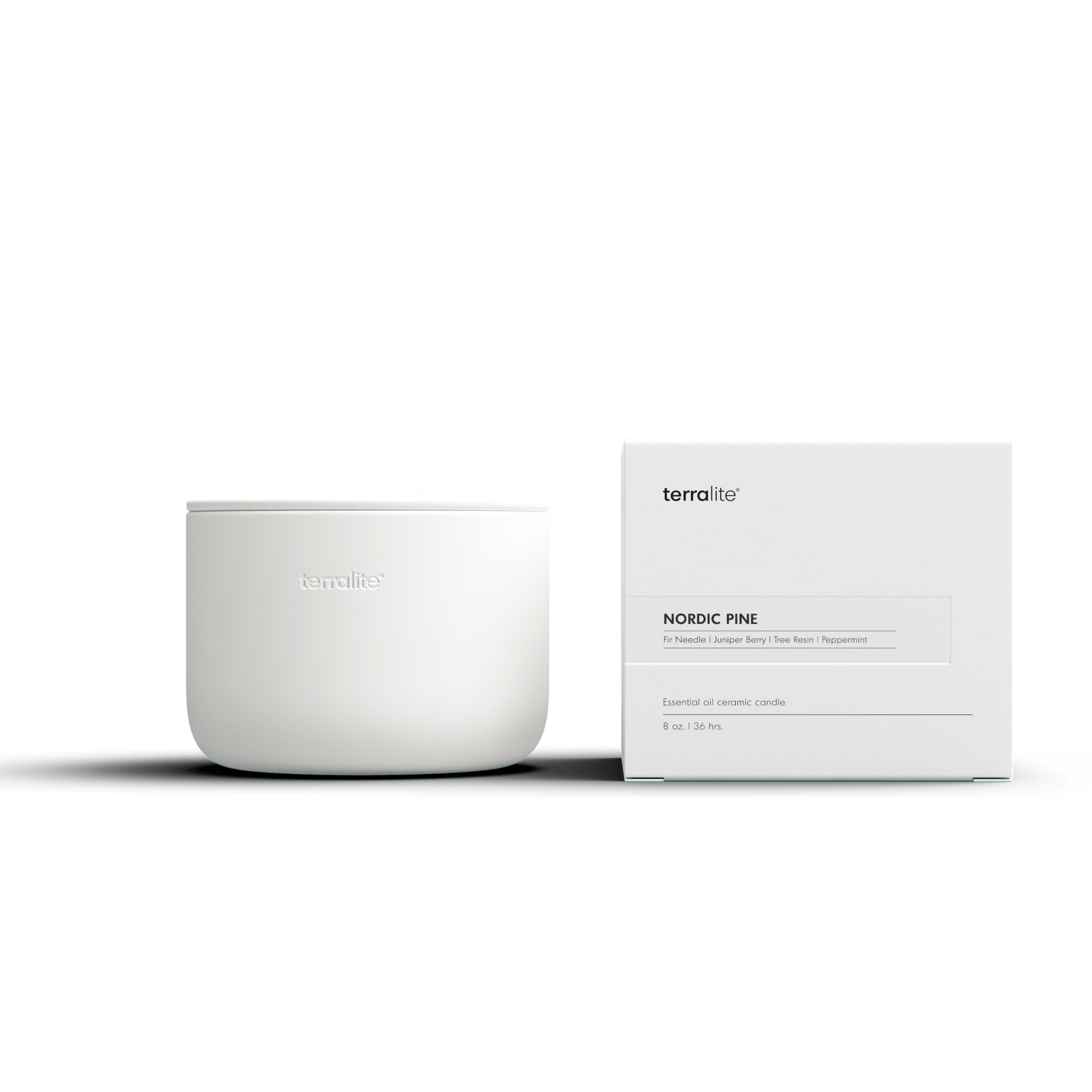 Nordic Pine Essential Oil Ceramic Candle with box.