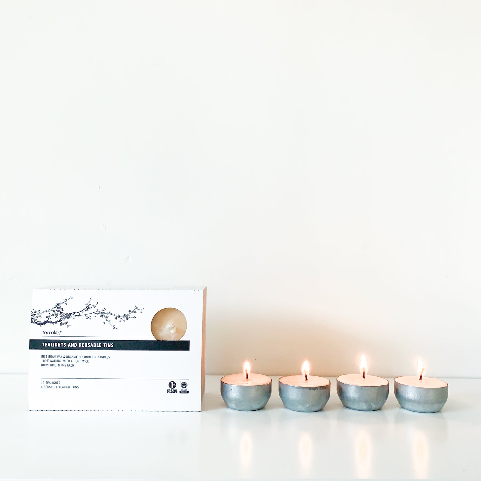 Natural tealights made from organic fair trade coconut oil and sustainable rice bran wax. One of the longest burning tealights on the market and designed to burn in our reusable tealight tins for a zero waste candle system.
