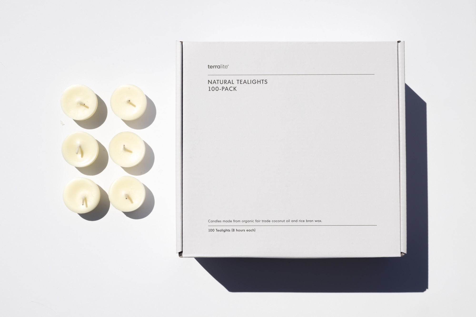 Natural tealights made from organic fair trade coconut oil and sustainable rice bran wax. One of the longest burning tealights on the market and designed to burn in our reusable tealight tins for a zero waste candle system.
