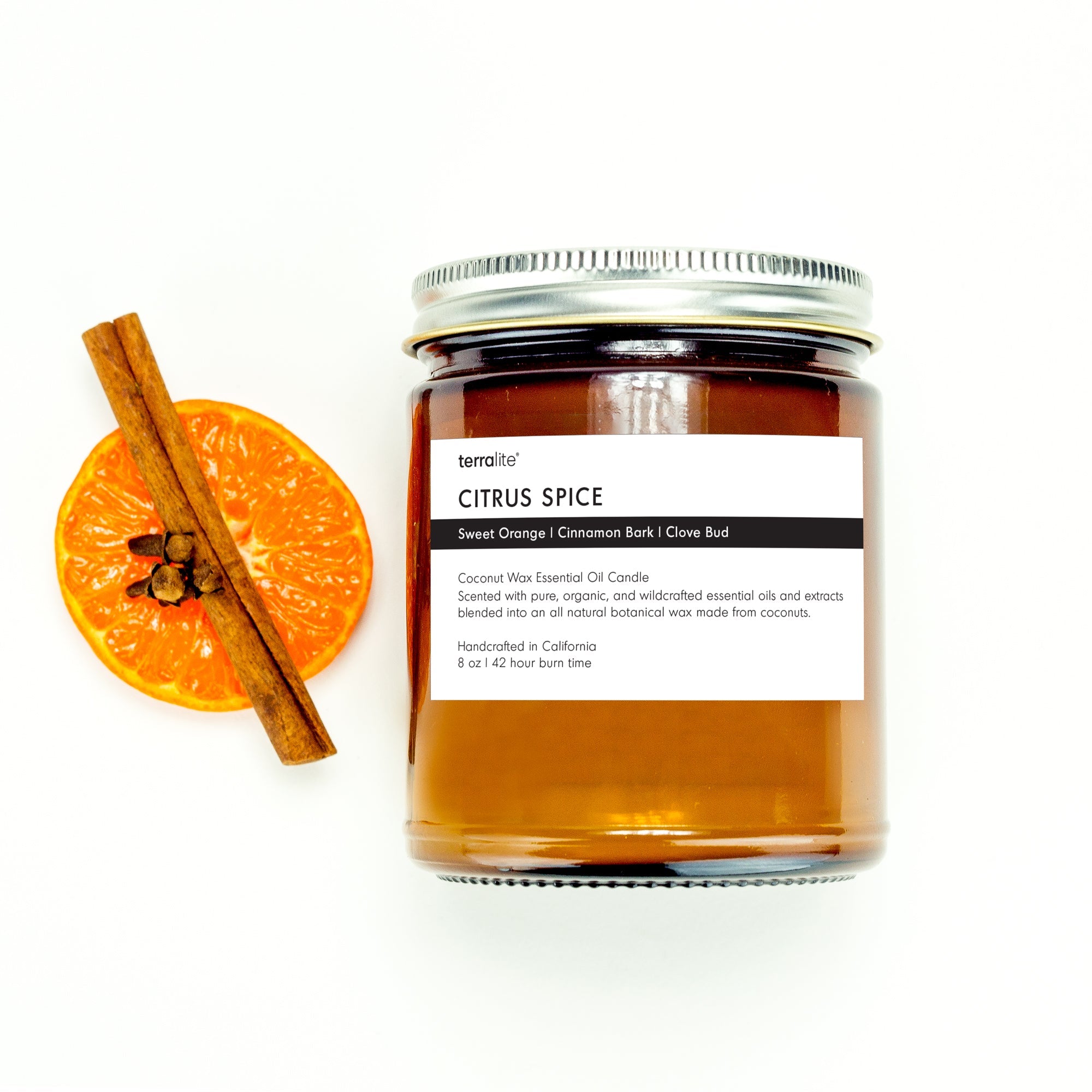 Citrus Spice essential oil candle scented with sweet orange, cinnamon, clove essential oils.