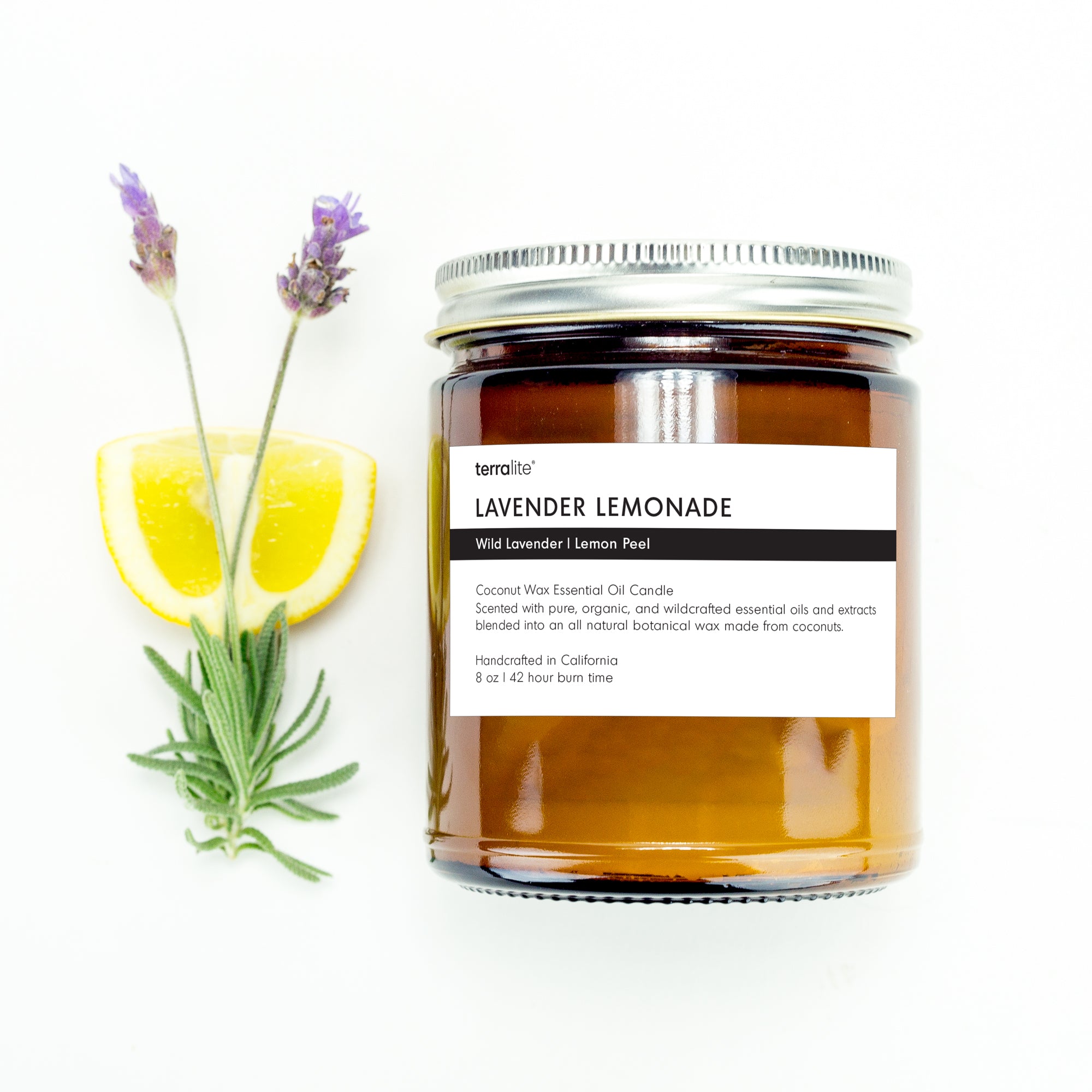 Lavender Lemonade essential oil candle scented with wild lavender and lemon peel essential oils.
