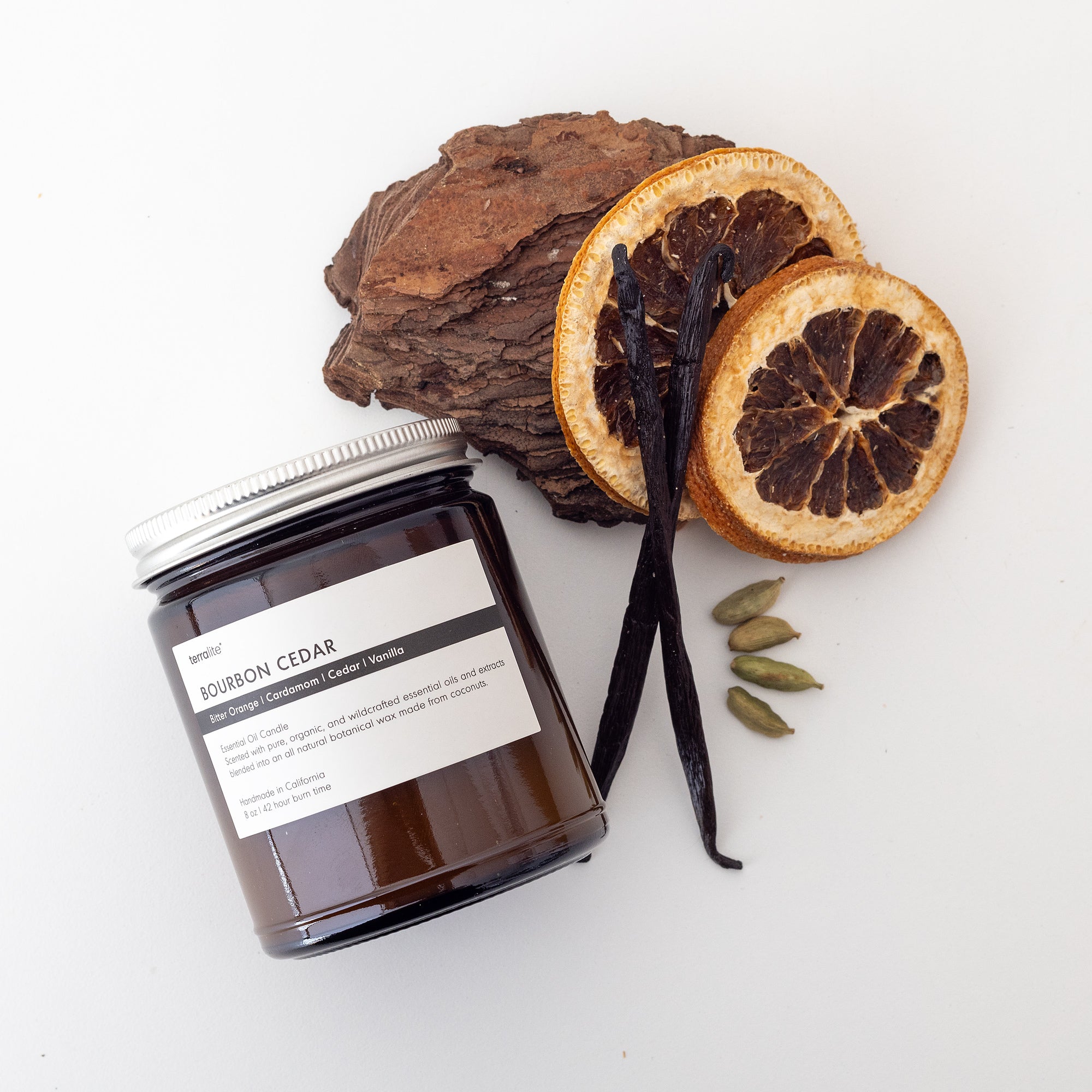 Bourbon Cedar Essential Oil Candle, scented with cedar, orange, cardamom, vanilla organic essential oils - Classic Size