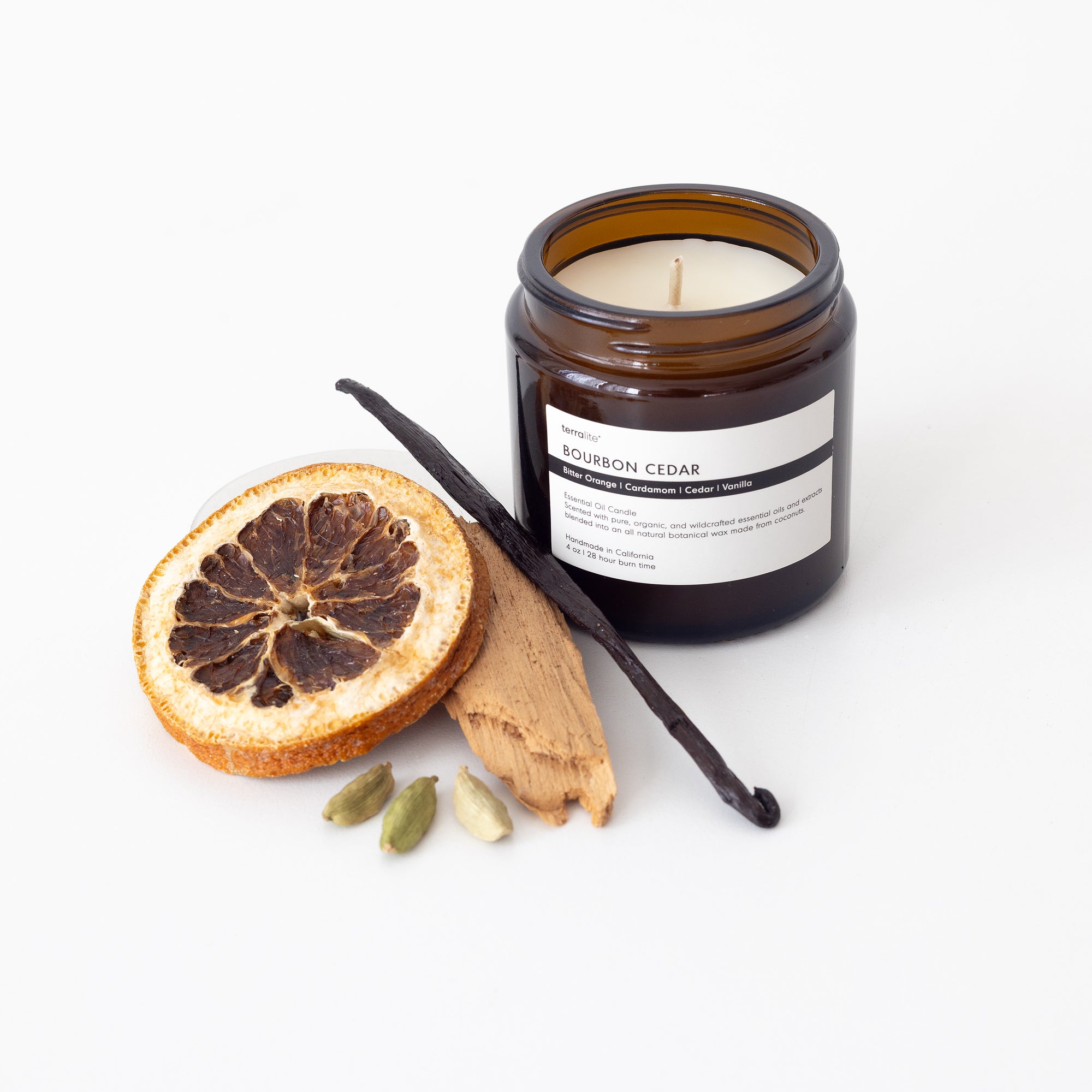 Bourbon Cedar Essential Oil Candle, scented with cedar, orange, cardamom, vanilla organic essential oils - Travel Size