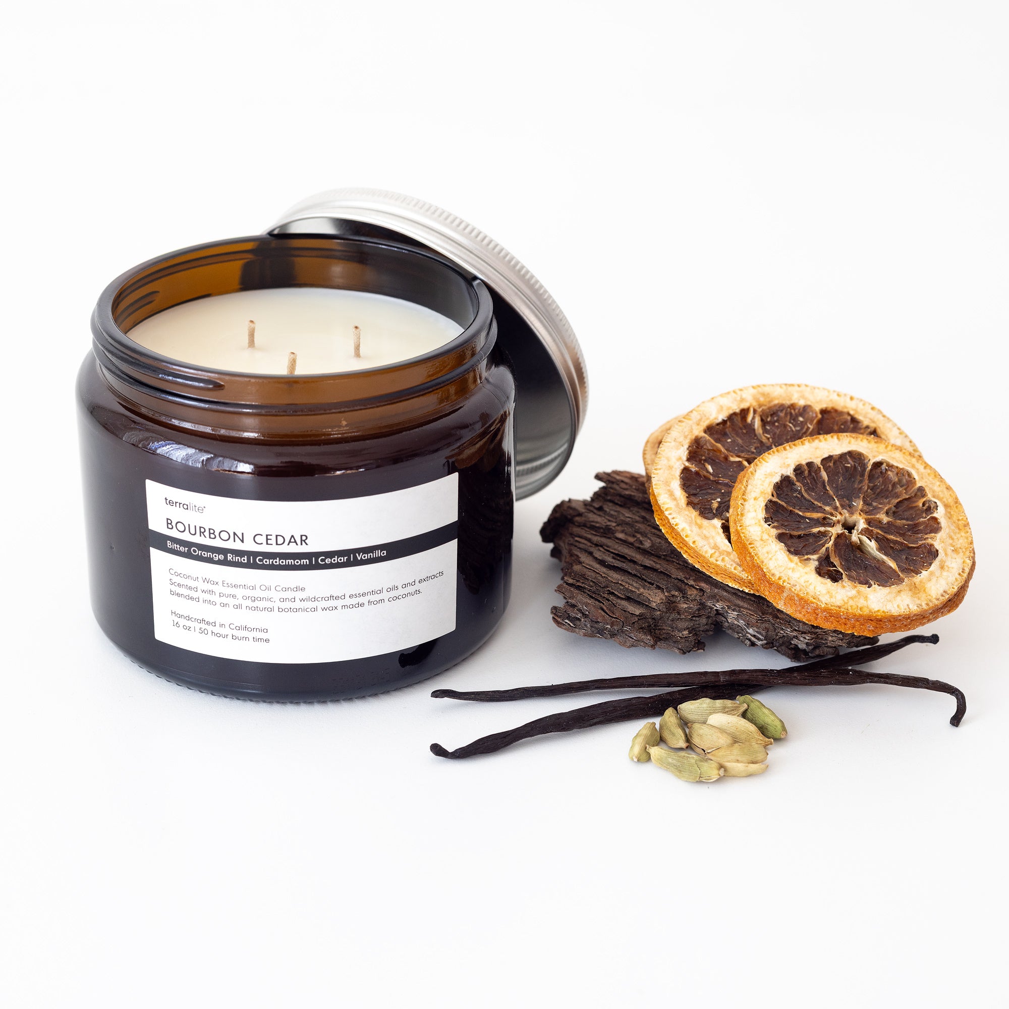 Bourbon Cedar Essential Oil Candle, scented with cedar, orange, cardamom, vanilla organic essential oils - Triwick Size