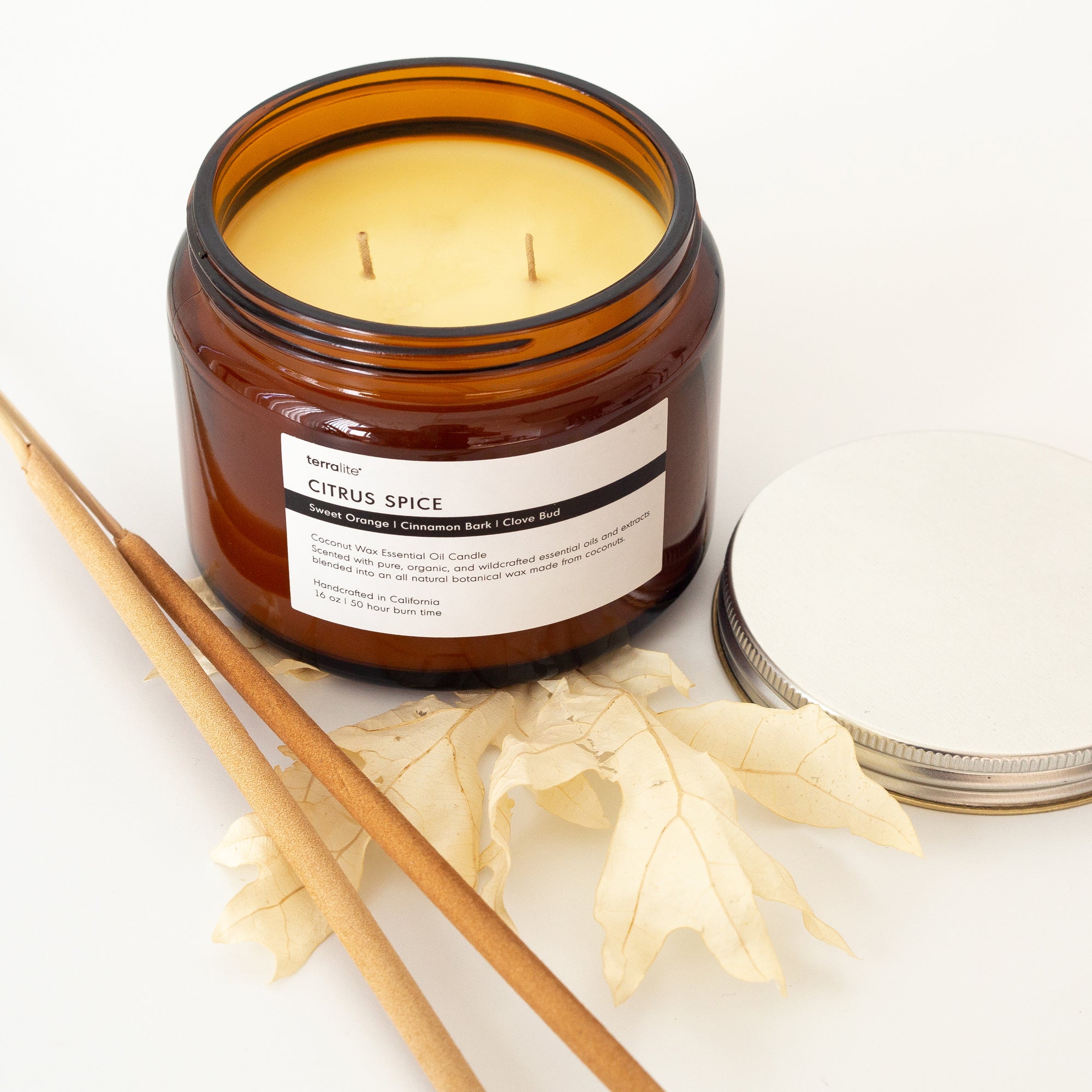 Citrus Spice Essential Oil Candle, scented with organic sweet orange, cinnamon, clove essential oils - 2 wick Size