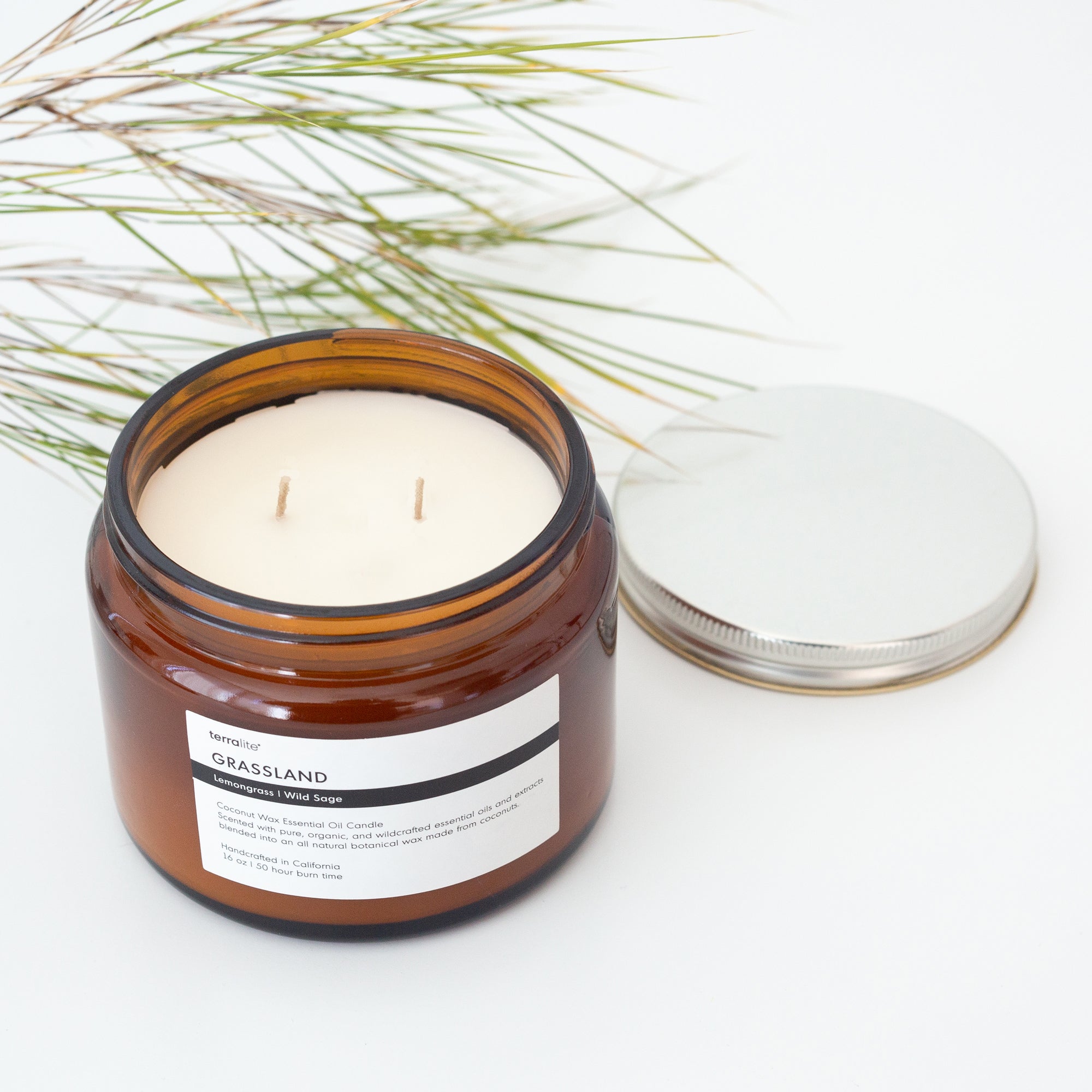 Grassland Essential Oil Candle made with organic lemongrass and wild sage 2 wick size