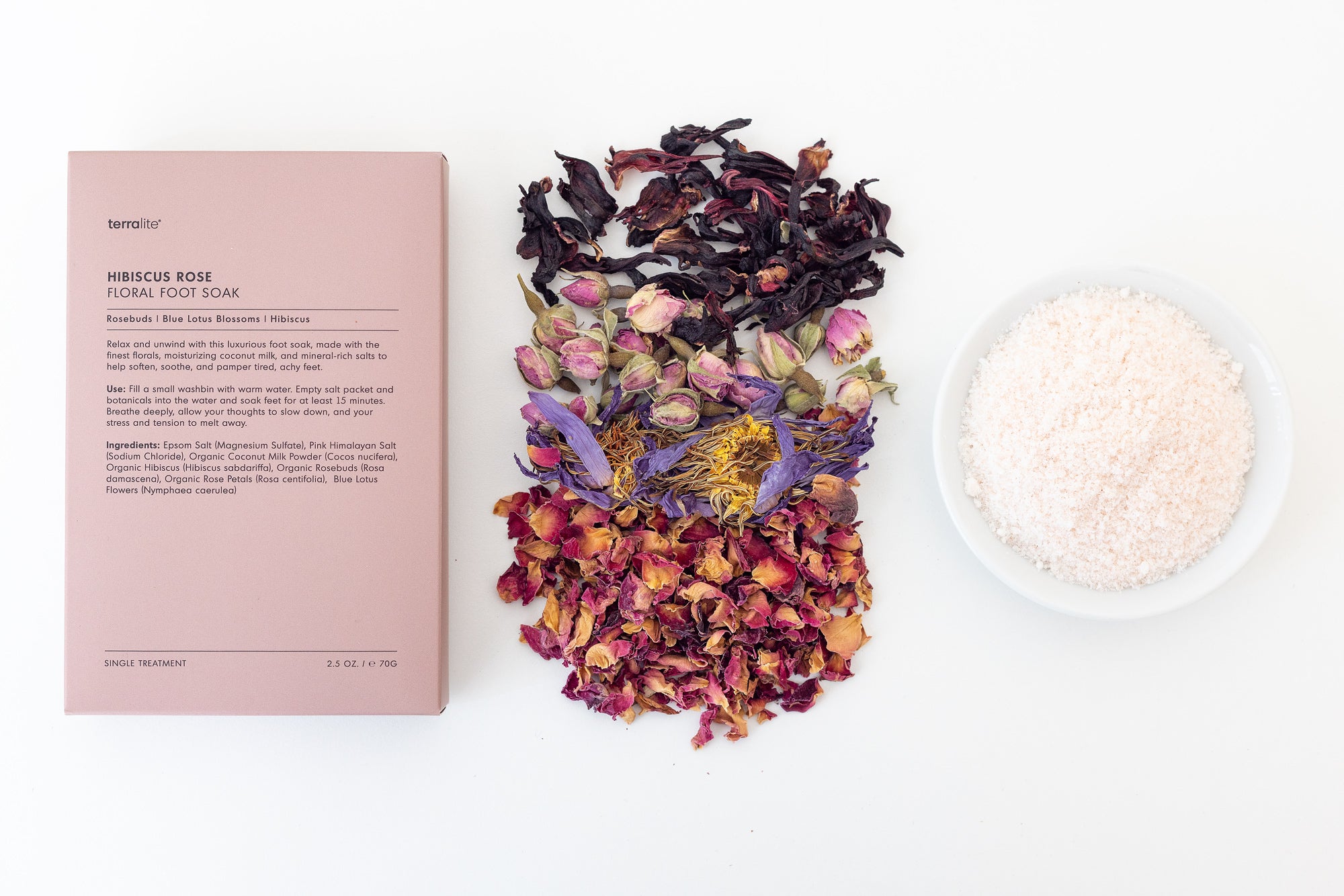 Organic Hibiscus Rose Foot Soak with rosebuds, rose petals, hibiscus, and blue lotus flowers