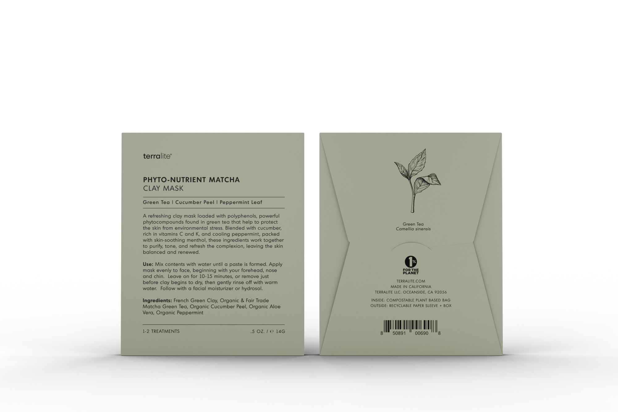 Phyto-Nutrient Matcha Clay Mask Organic - Single Treatment with Green Tea, Cucumber, and Peppermint