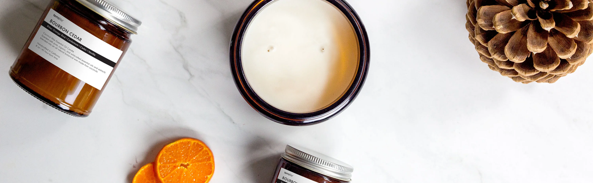 Non-toxic essential oil candles: Terralite coconut wax candles in amber glass, overhead